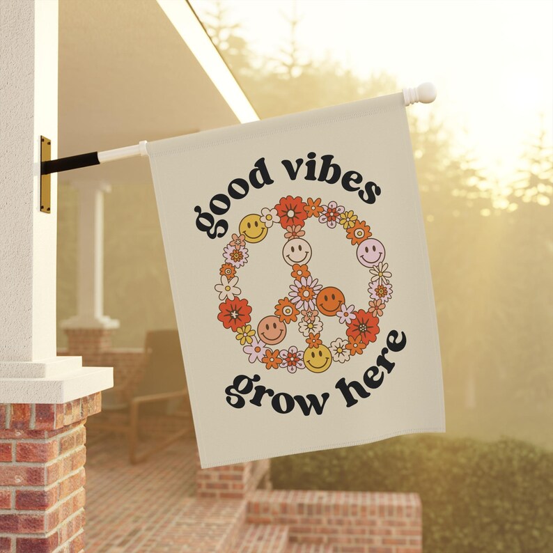 Good Vibes Grow Here Garden Flag - Floral Peace Sign Yard Decor, Hippie Retro Summer Outdoor Flag image 2