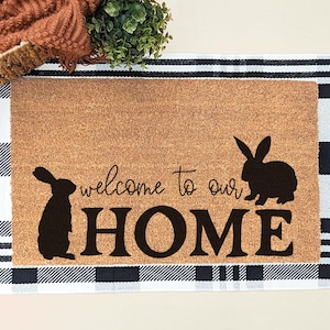 Welcome to Our Home Easter Doormat, Rabbit Welcome Mat, Easter Front Porch Decor, Spring Welcome Mat, Outdoor Welcome Mat