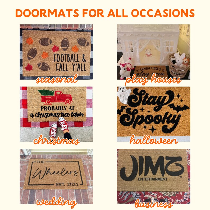 six different door mats, each with a unique design and purpose, including seasonal, play houses, stay spooky, christmas, Halloween, and wedding business.