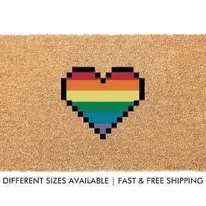 Pride Pixel Heart Rainbow Doormat, LGBTQ Friendly, Equality Welcome Mat, Pride Welcome Mat, Housewarming Gift, Gay Gift, Gaymer Outdoor Mat