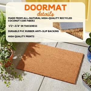 a door mat made from all-natural high-quality recycled coconut coir fibers, with a thickness of 1/2" to 3/4" and a durable vinyl rubber anti-slip backing. The mat is designed for high-quality prints, and it is placed on a concrete floor next to a potted plant.
