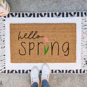 Capacho Olá Primavera, Decoração Floral de Páscoa para Alpendre, Tapete de Boas-Vindas de Primavera, Tapete de Boas-Vindas para Exterior, Decoração de Tulipas, Feliz Primavera