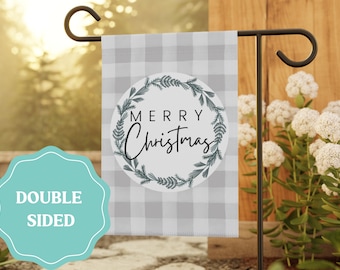 Merry Christmas Farmhouse Wreath Grey Plaid Garden Flag, Outdoor Holiday Yard Sign Decoration, Double Sided Holiday Flag, Buffalo Check Flag