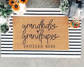Grandkids & Grandpups Spoiled Here Door Mat, Cute Welcome Mat, Funny Doormat, Gift for Grandparents, Grandma and Grandpa Gift Ideas