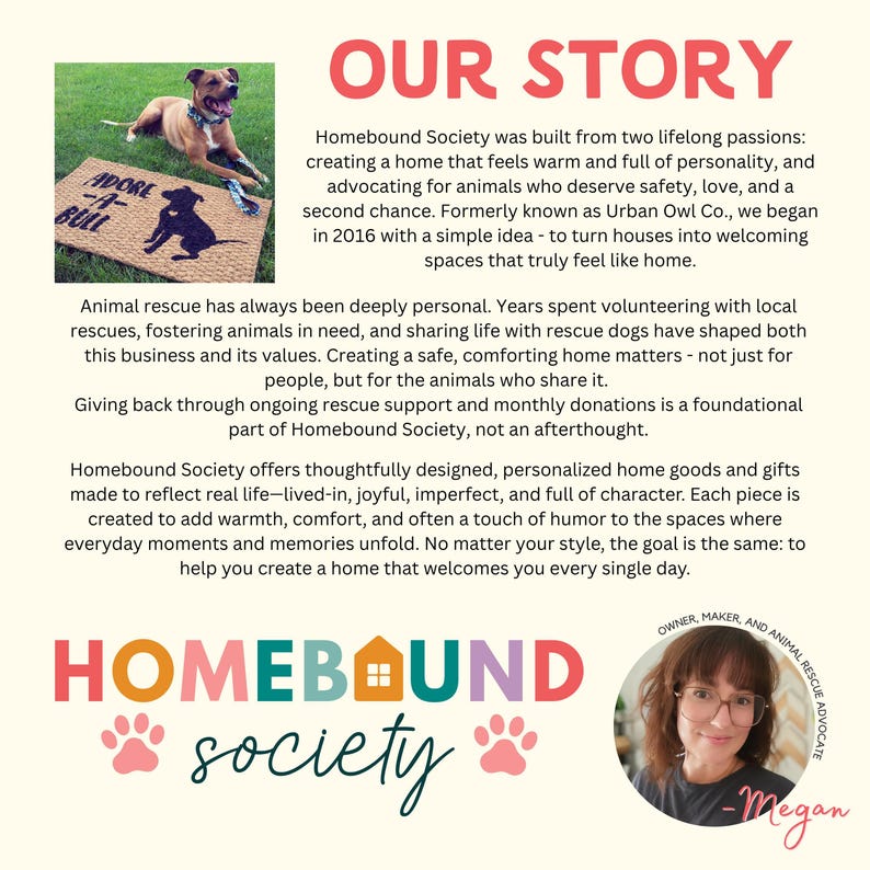 The image is a collage of two photos. The first photo shows a dog on a rug with the text "HOMEBOUND" and the second photo features a woman with a dog.