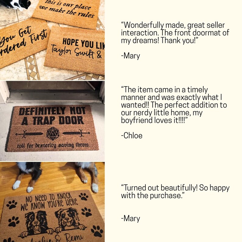 The image is a collage of four different door mats, each with a unique design and message. The first mat says "You Get Rejected First", the second mat says "HOPE YOU LIVED Taylor Swift &", the third mat says "Definitely Not A TRAP DOOR", and the fourth mat says "Turned out beautifully! So happy with the purchase."
