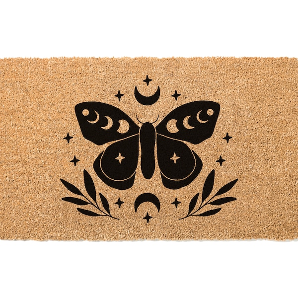 Celestial Moth and Moon Doormat, Witchy Decor, Celestial Welcome Mat, Housewarming Gift, Moth Art