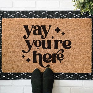 Yay You’re Here Doormat – Fun Retro Welcome Mat, Modern Porch Decor, Entryway Rug, Housewarming Gift