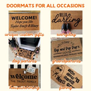 six different door mats with various messages and designs, including a welcome mat, a door mat with a message, a dog mat, a mat with a message, a mat with a message, and a mat with a message. The mats are arranged in a grid format, with each row containing three mats. The text on the mats varies, but they all convey a welcoming and humorous message.