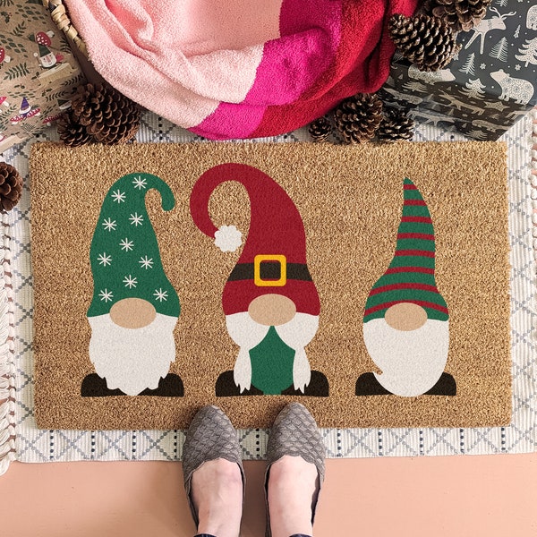 Christmas Gnomes Doormat, Red and Green Holiday Gnomes, Outdoor Christmas Outdoor Front Door Decor, Welcome Mat, Gnome Decor, Winter Decor