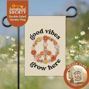 Good Vibes Grow Here Garden Flag - Floral Peace Sign Yard Decor, Hippie Retro Summer Outdoor Flag image 1