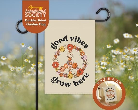 Good Vibes Grow Here Garden Flag - Floral Peace Sign Yard Decor, Hippie Retro Summer Outdoor Flag