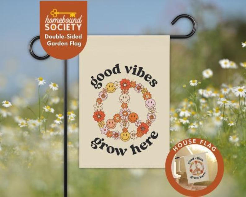Good Vibes Grow Here Garden Flag - Floral Peace Sign Yard Decor, Hippie Retro Summer Outdoor Flag image 1