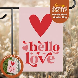 Valentine&#39;s Day Garden Flag, Hello Love Garden Flag, Double Sided Outdoor Garden Flag, Pink Boho Valentine&#39;s Day Decor,  House Banner