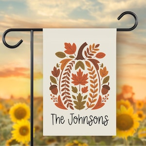 Custom Family Fall Garden Flag – Autumn Pumpkin with Leaves & Acorns, Personalized Thanksgiving Yard Flag