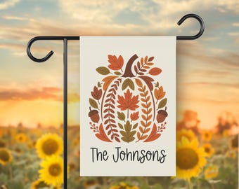 Custom Family Fall Garden Flag – Autumn Pumpkin with Leaves & Acorns, Personalized Thanksgiving Yard Flag