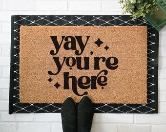 Yay You’re Here Doormat – Fun Retro Welcome Mat, Modern Porch Decor, Entryway Rug, Housewarming Gift
