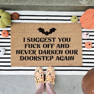 Never Darken Our Doorstep Funny Lazlo Quote Doormat, What We Do In The Shadows Halloween Door Mat, Vampire Bat Welcome Mat, Outdoor Doormat