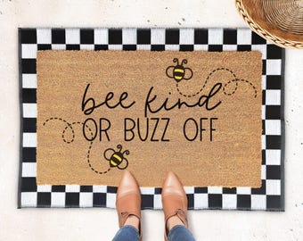 Bee Kind or Buzz Off Doormat, Cute Honey Bee Front Door Mat, Funny Welcome Mat, Spring Front Porch Decor, Outdoor Rug, Seasonal Doormat