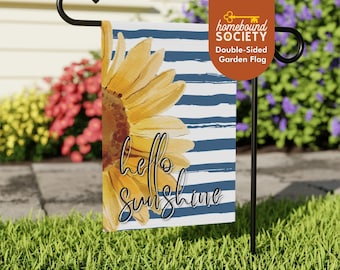 Hello Sunshine Sunflower Garden Flag, Summer Decor, Navy Stripes Floral Decor, Yard Flag, Welcome Flag, Double Sided House Banner