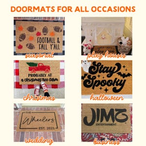 six different door mats, each with a unique design and purpose, including seasonal, play houses, stay spooky, christmas, Halloween, and wedding business.