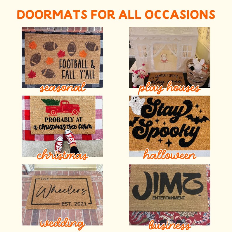 six different door mats, each with a unique design and purpose, including seasonal, play houses, stay spooky, christmas, Halloween, and wedding business.