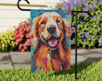 May include: A rectangular garden flag featuring a vibrant, multi-colored impressionist painting of a golden retriever dog with an open mouth and happy expression, suspended from a black metal stand with a curved top hook.