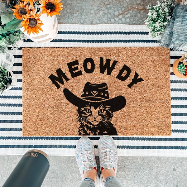 Meowdy divertido felpudo de gato, felpudo divertido para amante de los gatos, felpudo de bienvenida de gato vaquero, felpudo lindo, felpudo personalizado, regalo de gato, decoración occidental