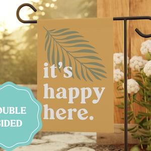 It's Happy Here Retro Boho Garden Flag, Boho Modern Yard Sign, Inspirational Decor, Outdoor Garden Decor, Double Sided Flag