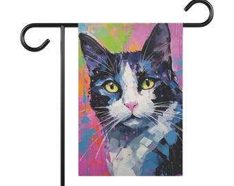 Tuxedo Black and White Cat Yard Flag, Double Sided Garden Flag, Garden Decoration, Outdoor Lawn Decor Digital Art, Cat Portrait, Tuxedo Cat
