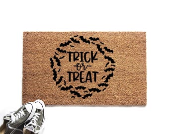 Trick or Treat Halloween Bats Doormat, Halloween Welcome Mat, Seasonal Halloween Decor, Custom Door Mat, Front Door Decor, Fall Decor