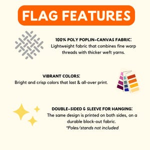 a flag with various features, including 100% Poly Poplin-Canvas fabric, vibrant colors, and a double-sided and sleeve design for hanging.