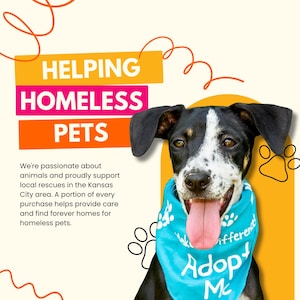 a dog wearing a blue bandana with the text "Adopt M!" and the text "Helping Homeless Pets" written above it.