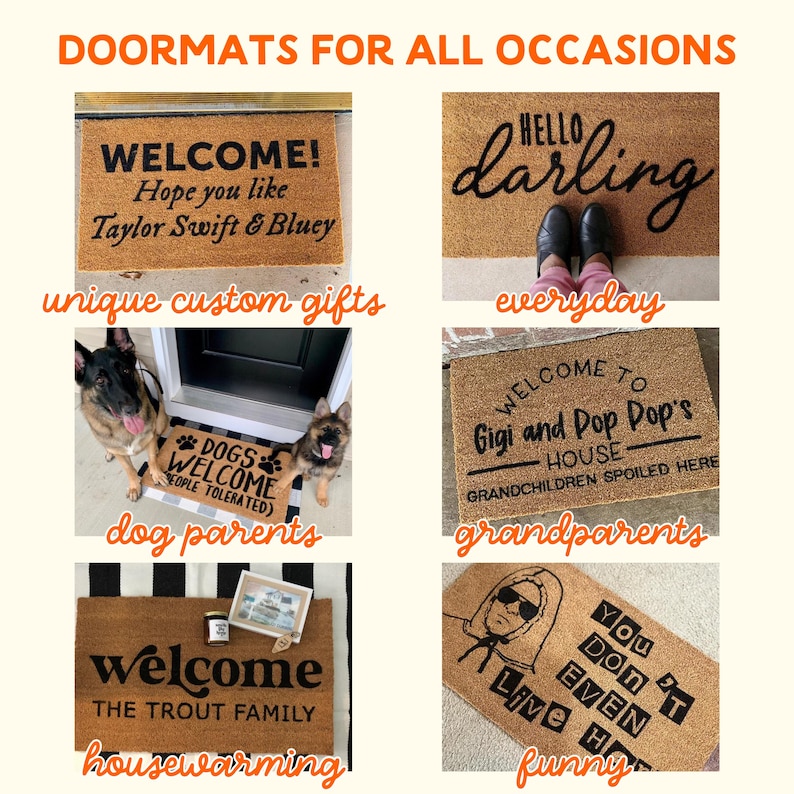 six different door mats with various messages and designs, including a welcome mat, a door mat with a message, a dog mat, a mat with a message, a mat with a message, and a mat with a message. The mats are arranged in a grid format, with each row containing three mats. The text on the mats varies, but they all convey a welcoming and humorous message.