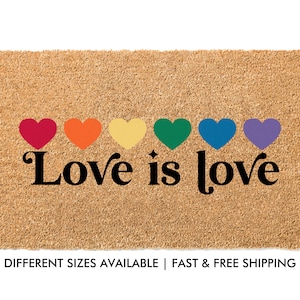 Love is Love Rainbow Hearts Pride Doormat, LGBTQ Friendly, Equality Welcome Mat, Pride Welcome Mat, Housewarming Gift, Gay Gift, Outdoor Mat