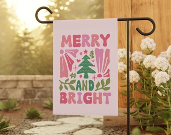 Merry And Bright Pink Retro Floral Garden Flag, Retro Outdoor Christmas Decor, Double Sided Holiday House Flag, Colorful Christmas Decor