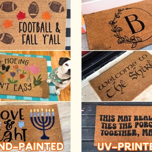 The image is a collage of six different hand-painted and UV-printed door mats, each with unique designs and messages.