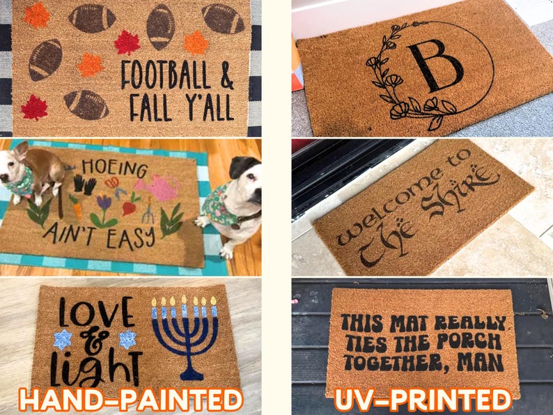 The image is a collage of six different hand-painted and UV-printed door mats, each with unique designs and messages.