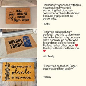 The image is a collage of three different door mat designs, each with a unique message or design. The first mat features a person wearing sunglasses, the second mat has a quote, and the third mat has a plant design.