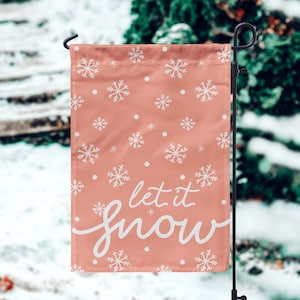 Let it Snow Holiday Garden Flag, Snowflake Christmas Decor, Pink Holiday Decor, Double Sided House Flag, Christmas Flag