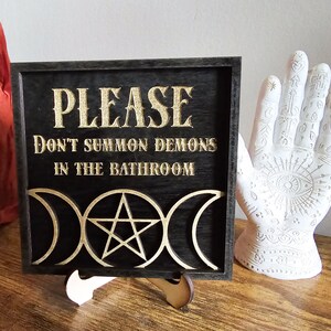 thumbnail image 2 of Flangairy Gothic Bathroom Sign - 'Please Don't Summon Demons' Wooden Halloween Decor 2 of 9