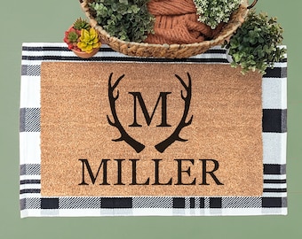Personalized Gift, Custom Monogram Antler Doormat, Wedding Gift Idea, Housewarming Gift, Rustic Farmhouse Decor