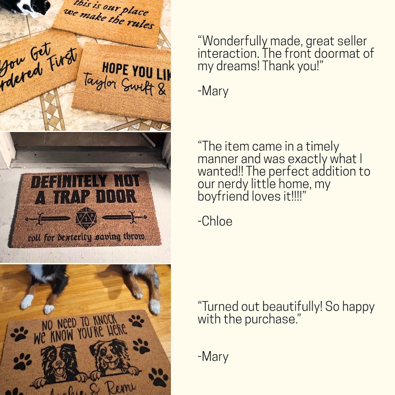 The image is a collage of four different door mats, each with a unique design and message. The first mat says "You Get Rejected First", the second mat says "HOPE YOU LIVED Taylor Swift &", the third mat says "Definitely Not A TRAP DOOR", and the fourth mat says "Turned out beautifully! So happy with the purchase."