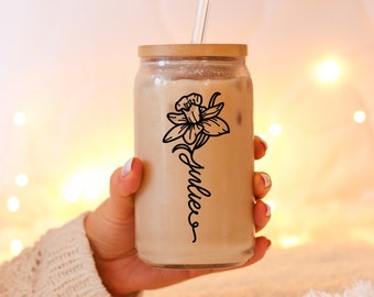 Personalized Iced Coffee Cup, 16 oz Glass Tumbler, Custom Can Glass with Lid and Straw, Birthday Gift, Mother's Day Gift, Bridesmaid Gift