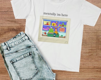 Mentaal ben ik hier 90s Kid Nostalgia | Grappige Meme jaren 2000 Kids Twitter | Uniseks softstyle-T-shirt