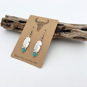 Silver feather earrings, southwestern inspired earrings, turquoise tip feathers, boho western vibes, desert festival hippie jewelry
