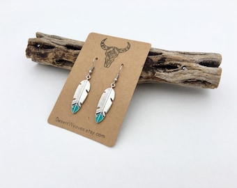 Silver feather earrings, southwestern inspired earrings, turquoise tip feathers, boho western vibes, desert festival hippie jewelry