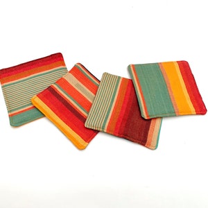 Serape fabric coasters, southwestern style decor, southwest desert vibe coaster, woven striped boho home goods, Baja California vibes