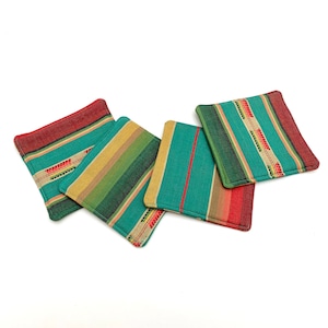 Woven serape turquoise fabric coasters, southwestern style decor, boho desert home goods, modern baja coaster set