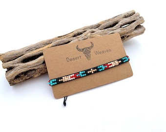 Southwestern Seed Bead Bracelet, Boho Turquoise, Adjustable